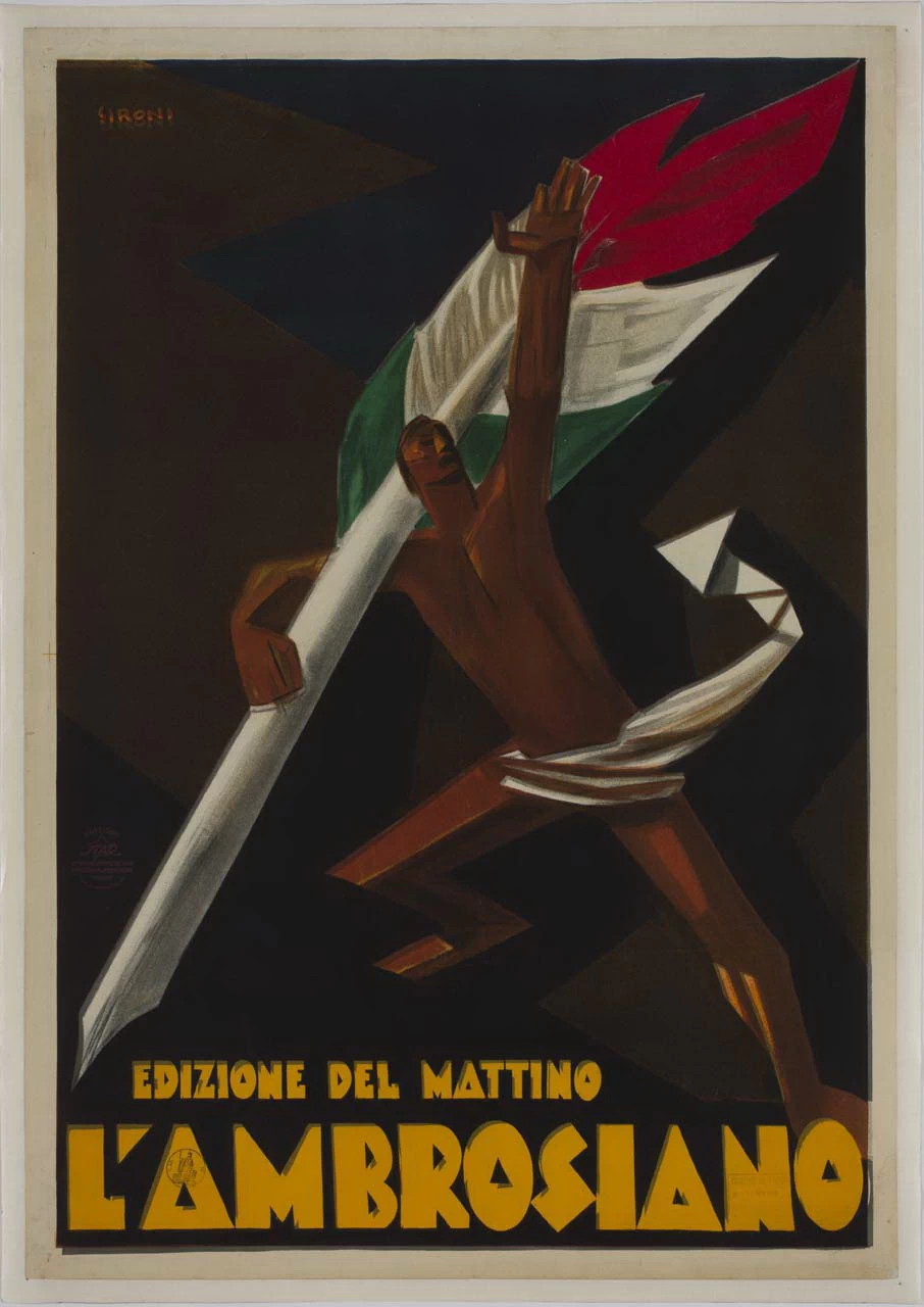   129-L'Ambrosiano. uomo appoggiato ad una grossa penna d'oca tricolore con braccio sinistro sollevato - Museo Nazionale Collezione Salce, Treviso
